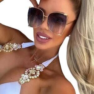 SUNGLASSES SUN GLASSES Shades Gold Tone Wire Frame Oversized Pearls Beach Pool